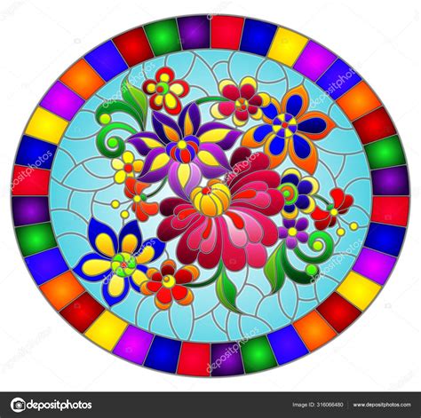 Illustration In Stained Glass Style With Bright Abstract Flowers And Leaves On Blue Background