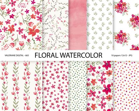 Watercolor Floral Digital Paper Watercolor Flowers Digital