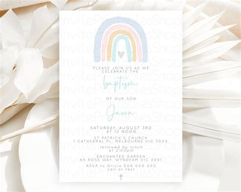 Pastel Rainbow Baptism Invitation Boho Rainbow Baptism 1st Birthday Invitation Rainbow Pastel