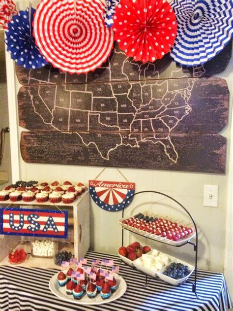 An American Flag Dessert Table With Cupcakes And Patriotic Decorations