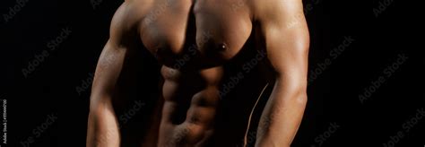 Shirtless Nude Man Posing Naked Body Six Pack Perfect Abs Shoulders And Chest Close Up The