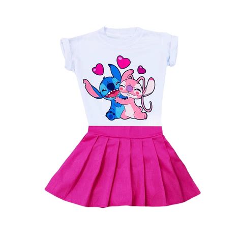 Conjunto Infantil Colegial Roupa Lilo E Stitch Saia Blusa Elo