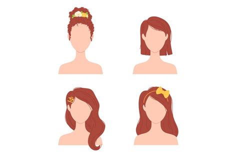 Flat woman hairstyles with flower. Brunette female character