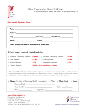 Fillable Online JOA 2015 Sponsorship Response Form The Joy Of Aging