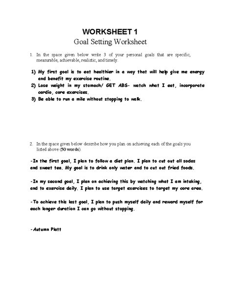Worksheet 1 personal fitness - WORKSHEET 1 Goal Setting Worksheet In