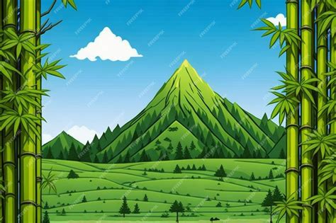 Бамбуковая рамка с горами на заднем плане | Премиум векторы