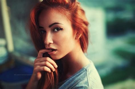 Eyes Looking At Viewer Face Model Depth Of Field Redhead Finger In Mouth Long Hair Women