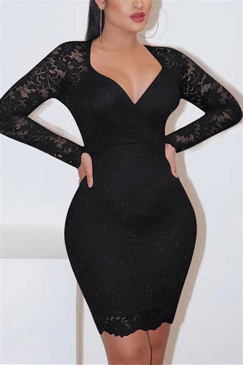 Sexy Fashion Long Sleeve Black V Neck Dress