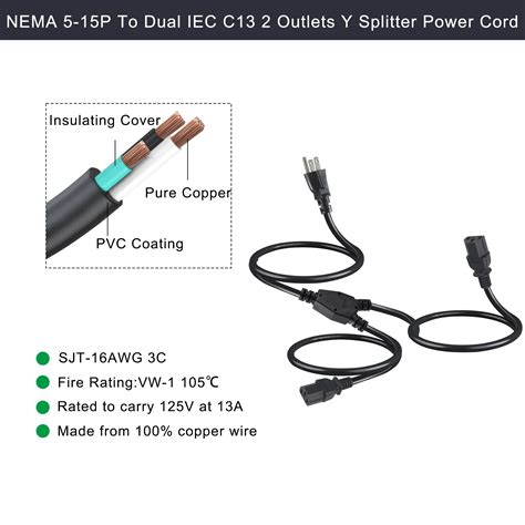 Awg Dual Splitter Cable Nema P Usa Pin Plug Male To Iec X C