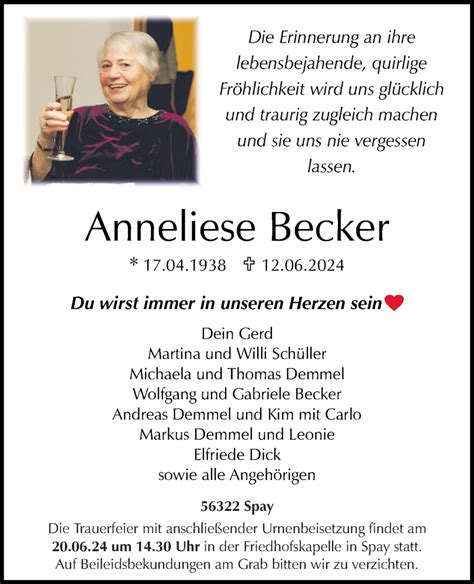 Traueranzeigen Von Anneliese Becker Rz Trauer De