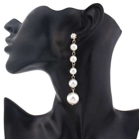 Trendy Elegant Created Big Simulated Pearl Long Earrings Pearls String