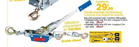 Promo Treuils manuels horizontaux 2 crochets avec linguet de sécurité