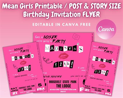 Mean Girls Inspired Printable Birthday Invitation Flyer Instagram Post