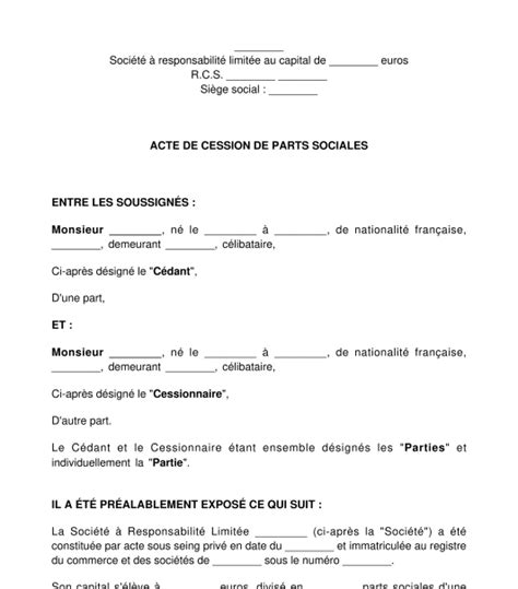 Acte De Cession De Titres Parts Sociales Ou Actions