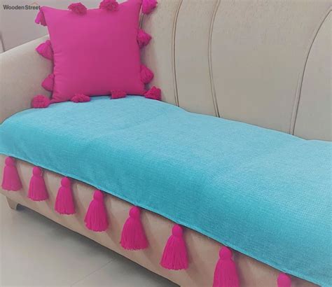 Buy Solid Blue Sofa Cover With Pink Tassels Seater At Off Online