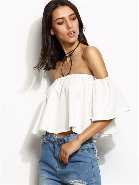 White Off The Shoulder Ruffle Crop Topfor Women Romwe