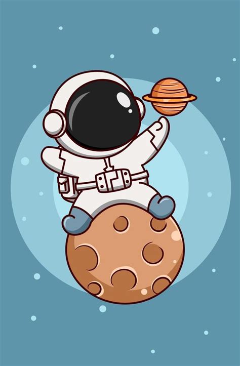 Lindo Astronauta En La Luna Con El Planeta Saturno Ilustración De Dibujos Animados 2151619