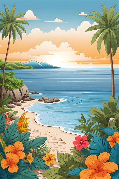 Tropical Beach Scene with Palm Trees and Flowers