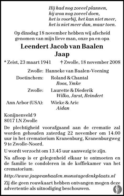 Leendert Jacob Jaap Van Baalen 18 11 2008 Overlijdensbericht En