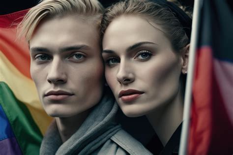 Premium Photo Heterosexual Couple Of Blonde Man And Woman Looking At Camera Next To Gay Pride Flag