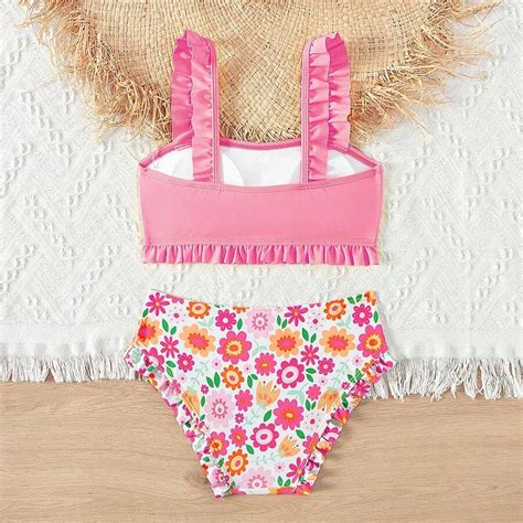 Conjunto De Bikini Con Estampado De Flores Y Ribete Con Volantes Para