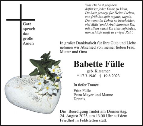 Traueranzeigen von Babette Fülle schwaebische de Trauerportal