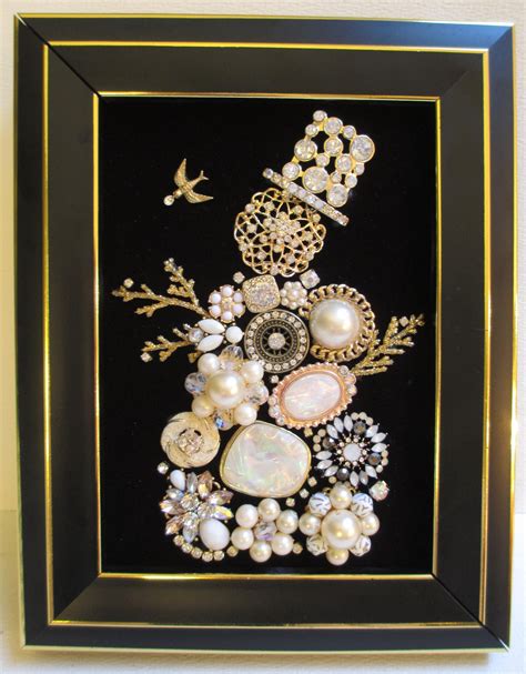 Jeweled Framed Jewelry Art Snowman Vintage Black Gold Jewelry