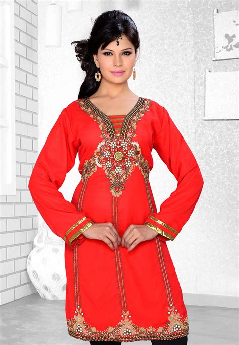 Red Faux Georgette Embroidered Readymade Islamic Kurti