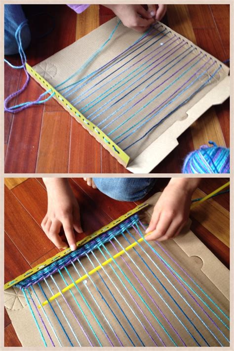 Built A Loom Using A Pizza Box Lid And A Hole Punch Taped The Yarn To