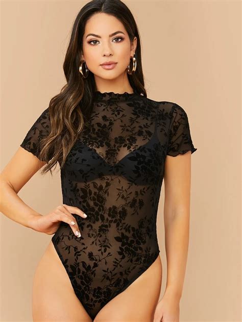 Shein Lettuce Trim Sheer Flocked Mesh Bodysuit Without Bra Mesh