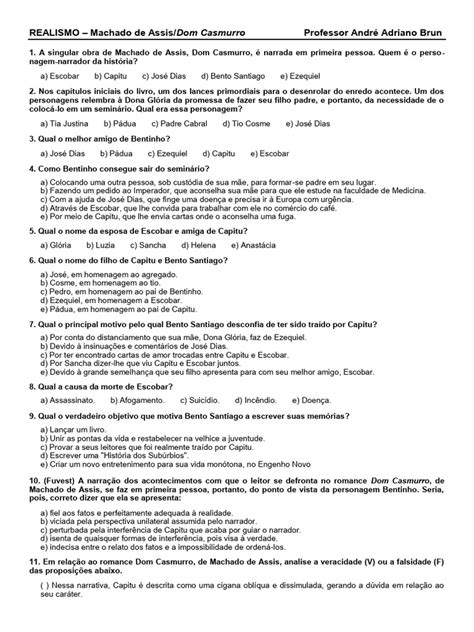 Questões Sobre Dom Casmurro - Questões sobre Dom Casmurro e Análise | PDF