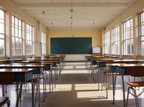 Premium Photo | A classroom with tables and chairs