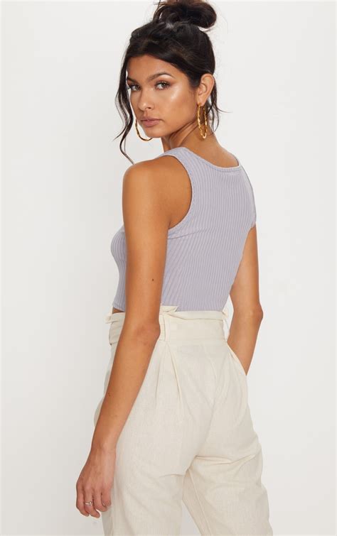 Grey Ribbed Button Detail Crop Top Tops Prettylittlething