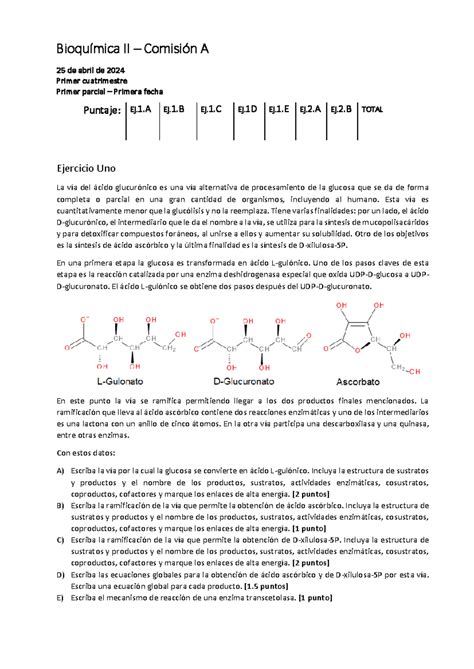 Modelo de primer parcial Bioquímica II Comisión A 25 de abril de