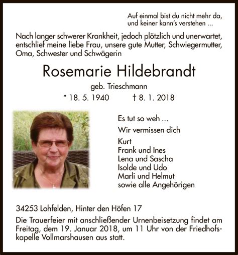 Traueranzeigen Von Rosemarie Hildebrandt Trauer Hna De