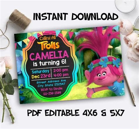 Trolls Birthday Trolls Invitation Trolls Party Trolls Invitation