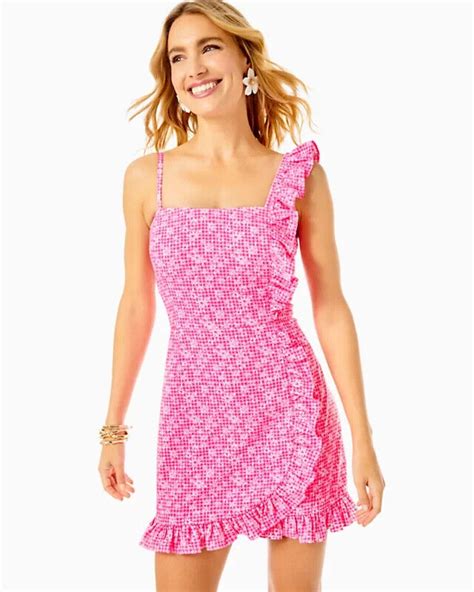 Lilly Pulitzer Maetha Skirted Romper Ruffle PinkMulti Crepe Spaghetti