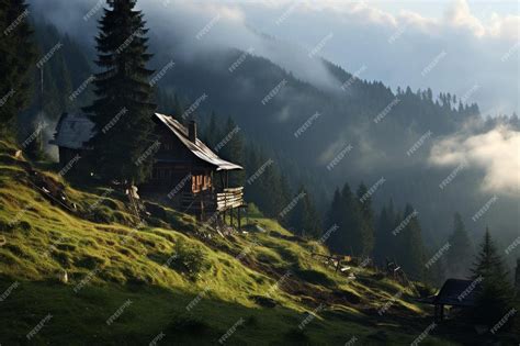 Premium AI Image | a cabin on a mountain with a forest in the background