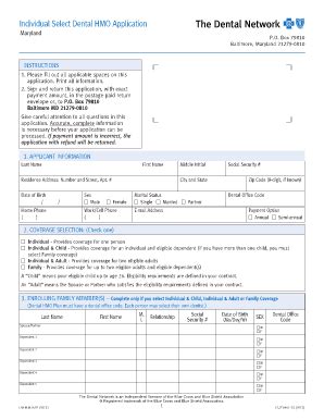 Fillable Online Individual Select Dental HMO Application Maryland