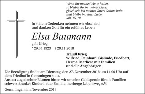 Traueranzeigen Von Elsa Baumann Trauerundgedenken De