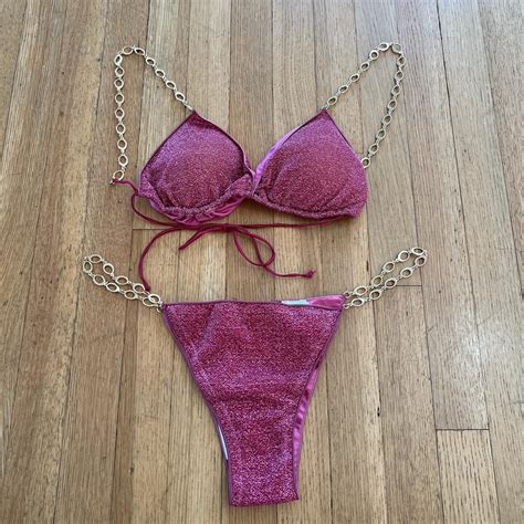 Oseree Pink Sparkly Bikini Top And Bottom With Chain Depop