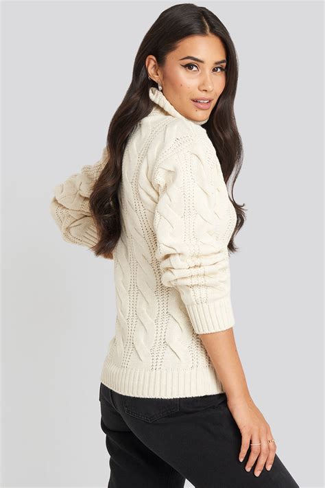 Polo Neck Cable Knitted Sweater Offwhite Na