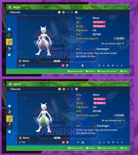 Mewtu Shiny Non Shiny 6DV Lvl 100 EV AP Set Pokemon Karmesin Und