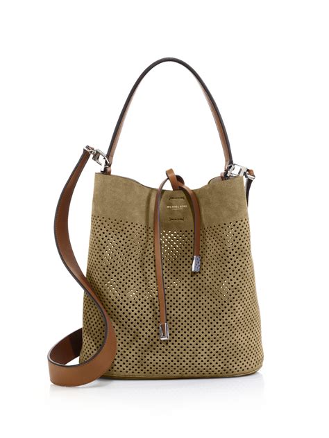 Michael Kors Miranda Medium Perforated Suede Bucket Bag In Natural Lyst