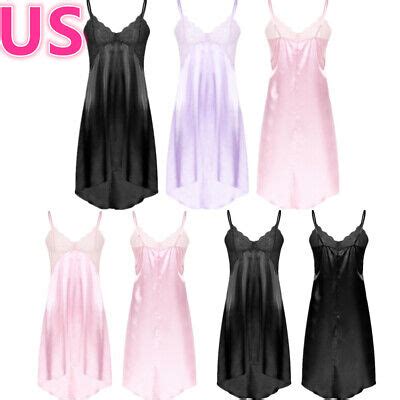 Men S Lace Satin Sissy Nightwear Dresses Sleeveless Nightdress Sexy Lingerie Ebay