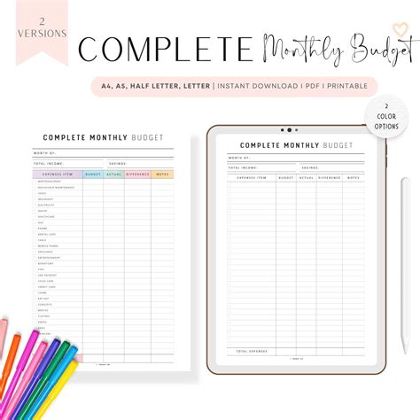 Complete Monthly Budget Template Printable – mrsneat