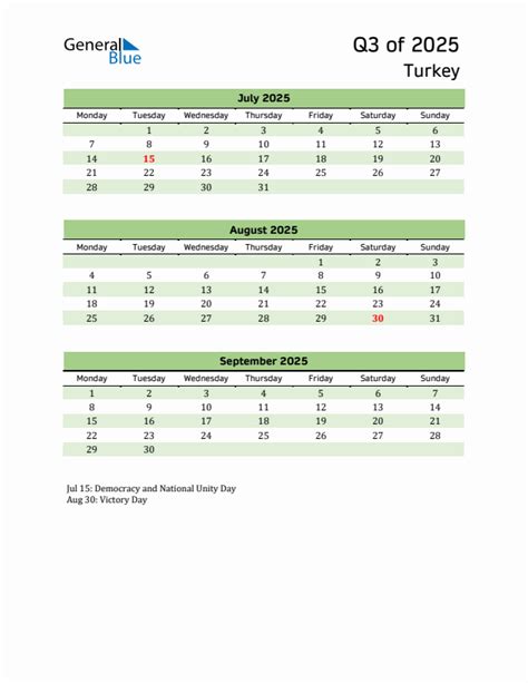Q3 2025 Monday Start Quarterly Calendar with Turkey Holidays