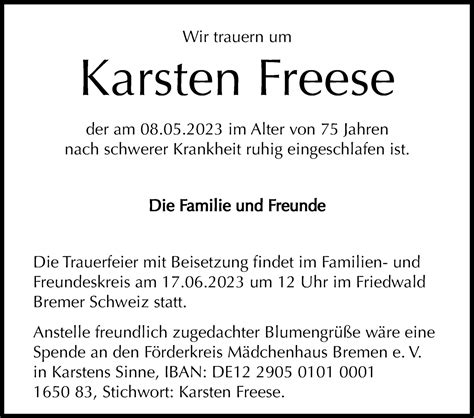 Traueranzeigen Von Karsten Freese Trauer Gedenken