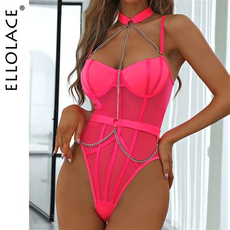 Uaang Ellolace Erotic Bodysuit With Halter Chain Fitness Sexy Porn See