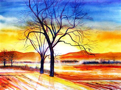 Herbstlandschaft Aquarellmalerei Feld Landschaft Baum Von Irina